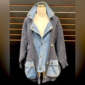 New Womens Denim Trimmed Cardigan Sweater. Size Medium